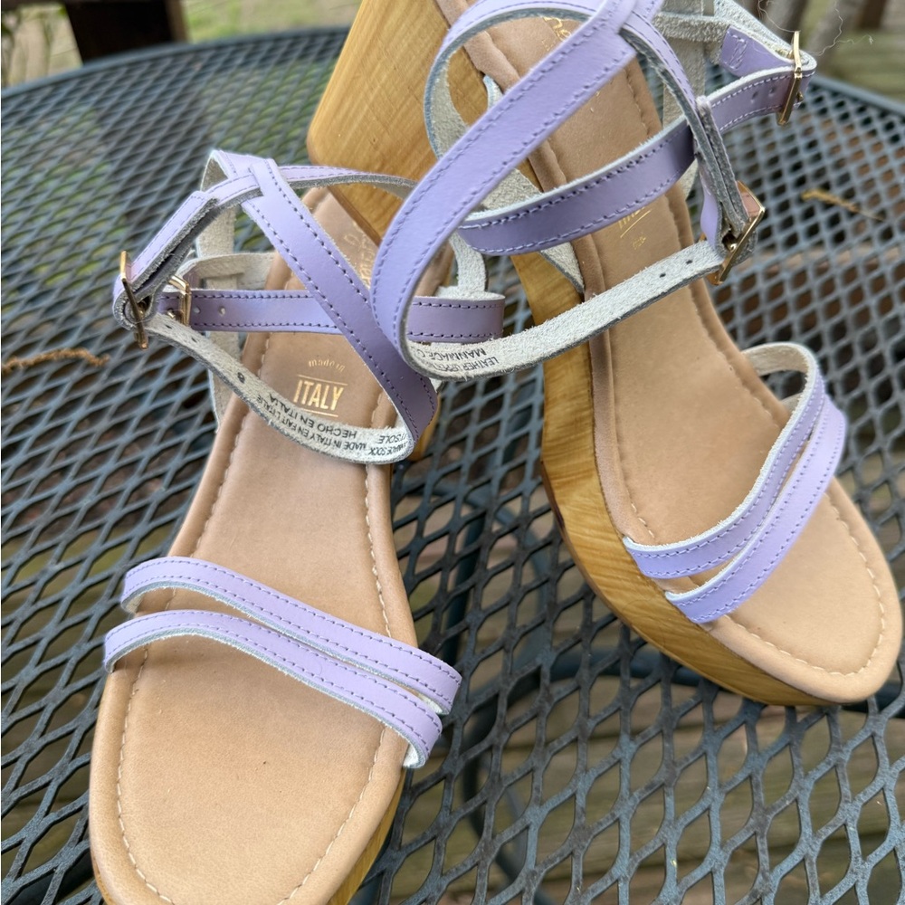 Seychelles Double Dip Lavender and Gold Buckle Hardware Strappy Platform Sandals